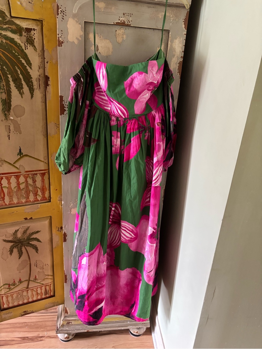 Women Green and Hot Pink Floral Off-Shoulder Dress